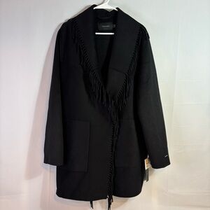 Tahari Black Fringe Wool-Blend Coat